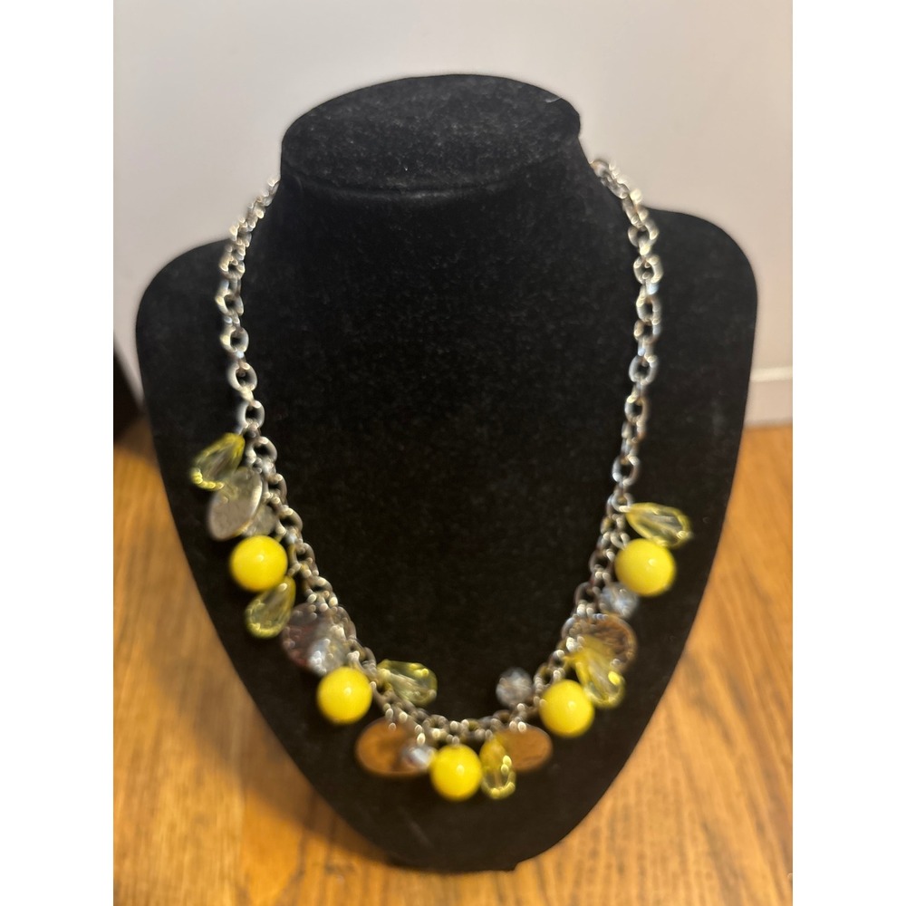 Yellow Beaded Statement Necklace Silver Tone Chunky Chain Pendant Charm